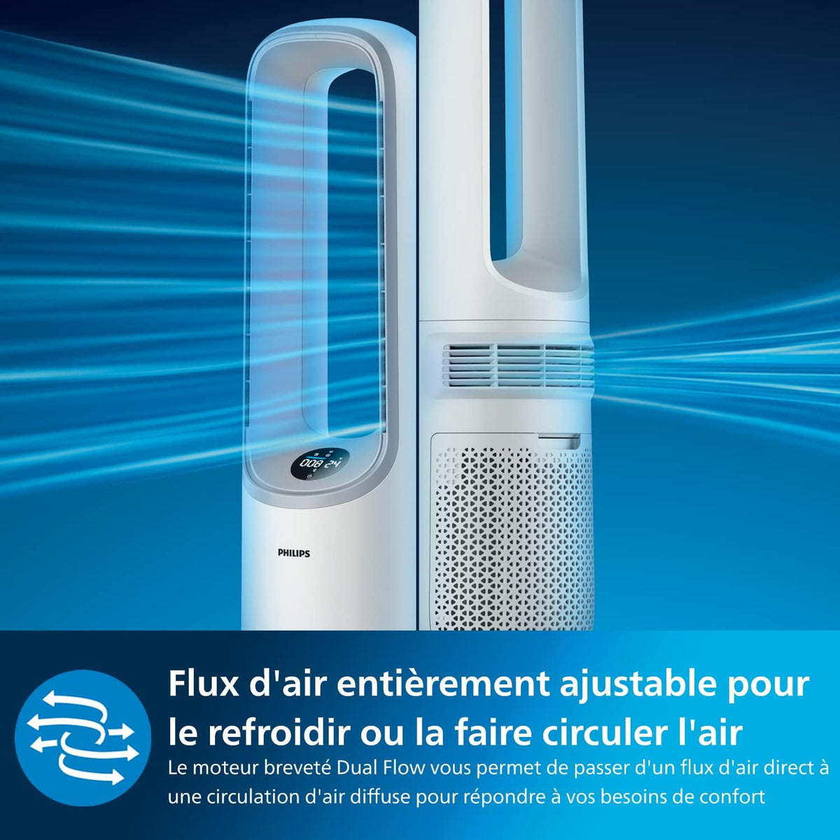 Philips Air Performer 2-en-1 : Purificateur & Ventilateur Rafra?chisseur – Nettoie 70m2, élimine 99,97% des Allergènes et Polluants. Filtre HEPA, Capteurs Intelligents, Alexa, Application (AMF765/10)
