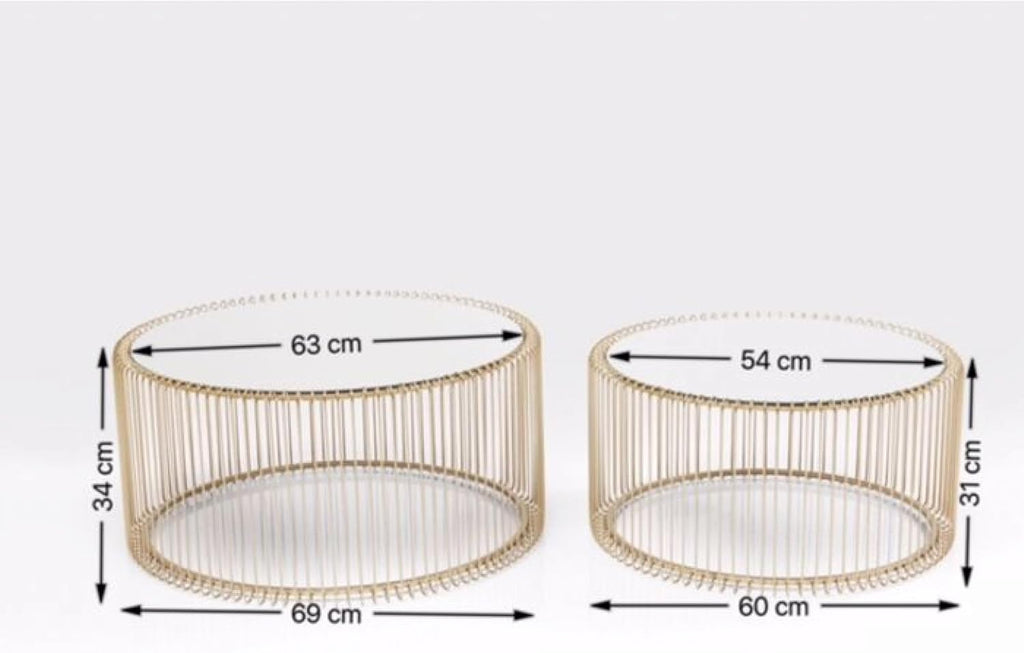 Kare Design Tables Basses Wire, Lot de 2, Laiton/Miroir, Rond, Acier, Plateau de Table en Verre, Diamètre 70/60cm, Style Moderne, élégante, Table Basse Salon, Deco Intérieur, Décoration Chambre