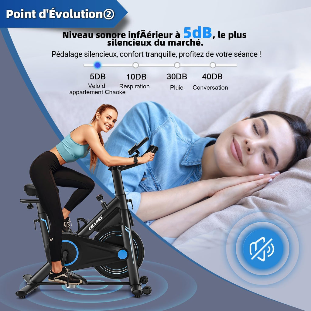 CHAOKE Velo d Appartement Silencieux avec Résistance Magnétique Réglable, Vélo d'appartement avec APP, Vélo d'exercice Moniteur LCD, Siège Confortable, Pour Entra?nement Cardio, Capacité 160KG