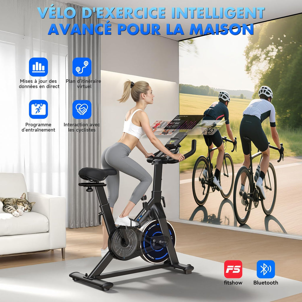 Velo d Appartement, CHAOKE Vélo d'appartement Silencieux avec Résistance Magnétique Réglable, Vélo d'exercice d'intérieur avec App et écran LCD, Pour Entra?nement Cardio, Capacité 150KG