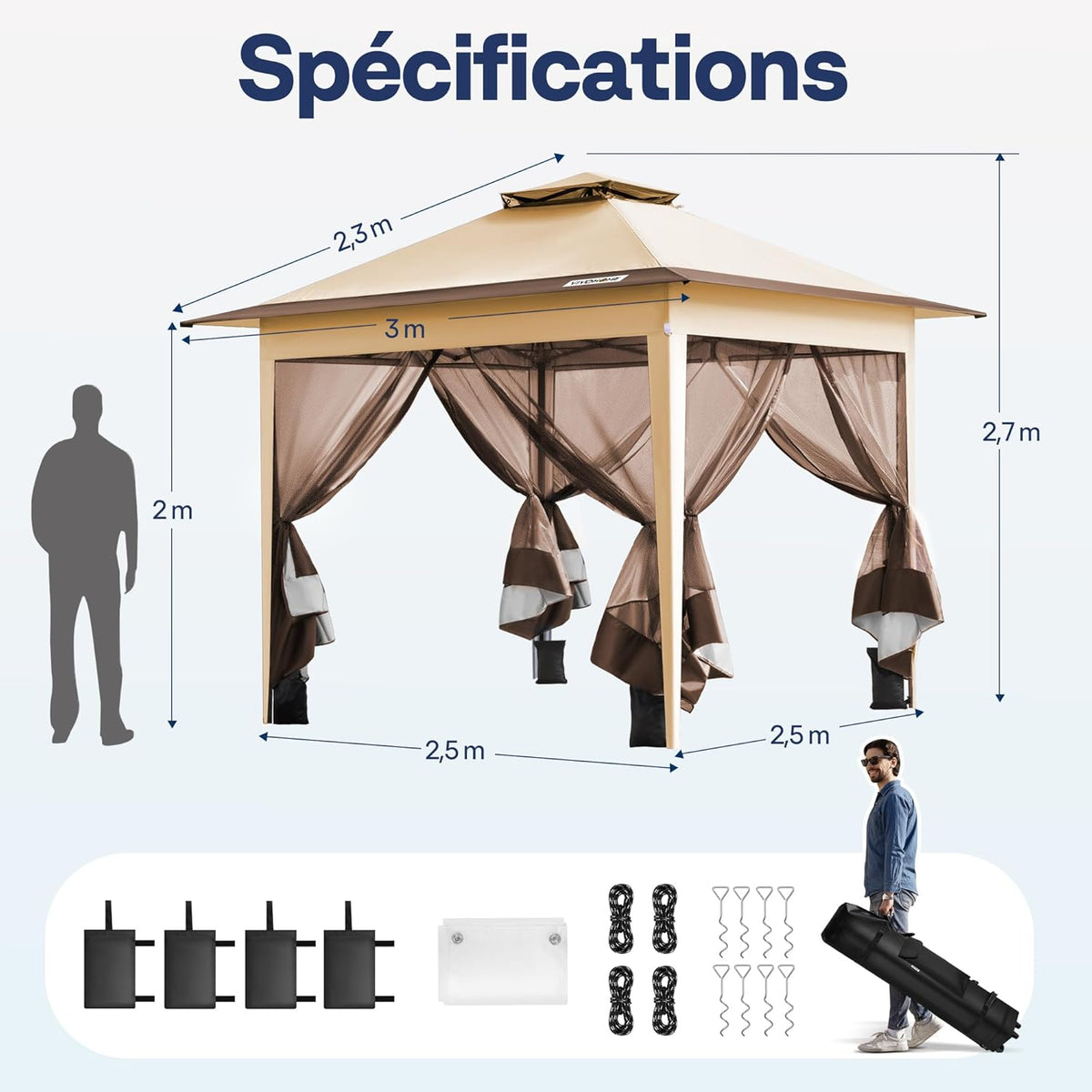 VIVOHOME Tente écran Tonnelle Pliante Portable résistant à l'eau Barnum Pavillon de Jardin avec Moustiquaire 2 Portes à Fermeture éclair et Sac Roulant (Beige & Marron, 3x3 m)