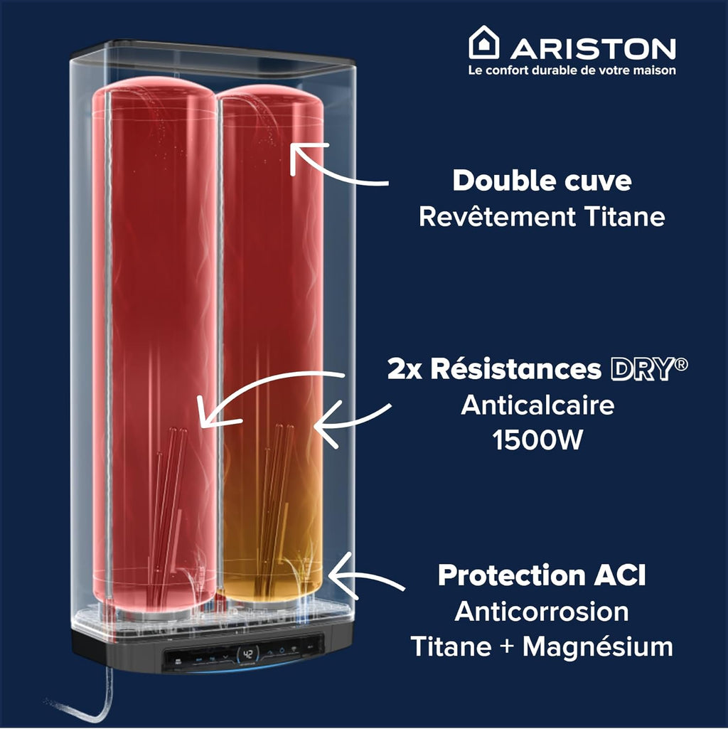 Ariston Velis Evo Dune Dry WiFi 45L – Chauffe-Eau Plat Intelligent – Gain de place Ultra-Plat 27cm – Multiposition – 25% d'économie d'énergie – Flexibilité énergétique – Installation en France