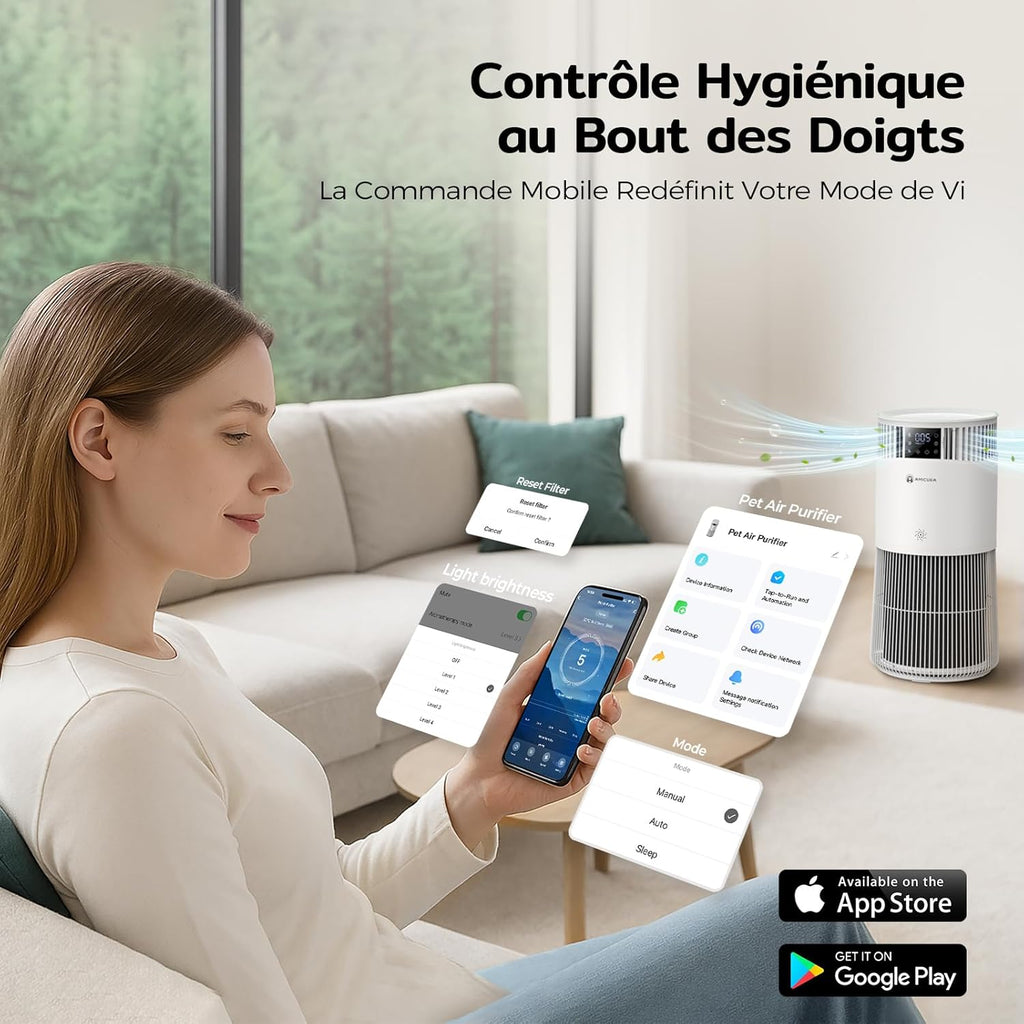 Amicura P2 Purificateur d'air Hepa pour Animaux et Personnes Allergiques, 843 m3/h CADR Contre les Poils d'animaux, Filtre Hospitalier H13 Hepa, 450 m3/h de Particules, Contr?le par App