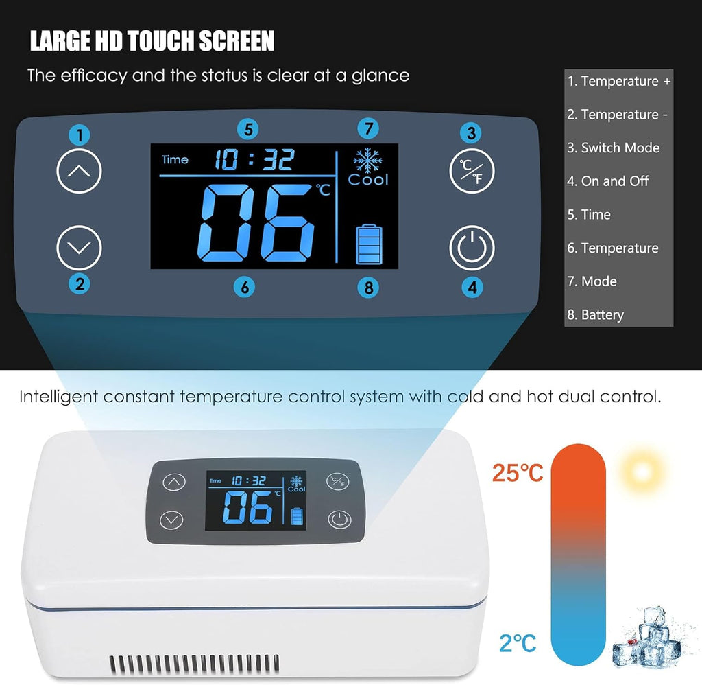 CGOLDENWALL Portable Réfrigérateur à Insuline Glacière 2~8℃ Drug Reefer Mini Médecine Réfrigéré Bo?te de Voyage avec Grande Espace Froid 175 * 60 * 26 mm - batterie en travail de 12 hours