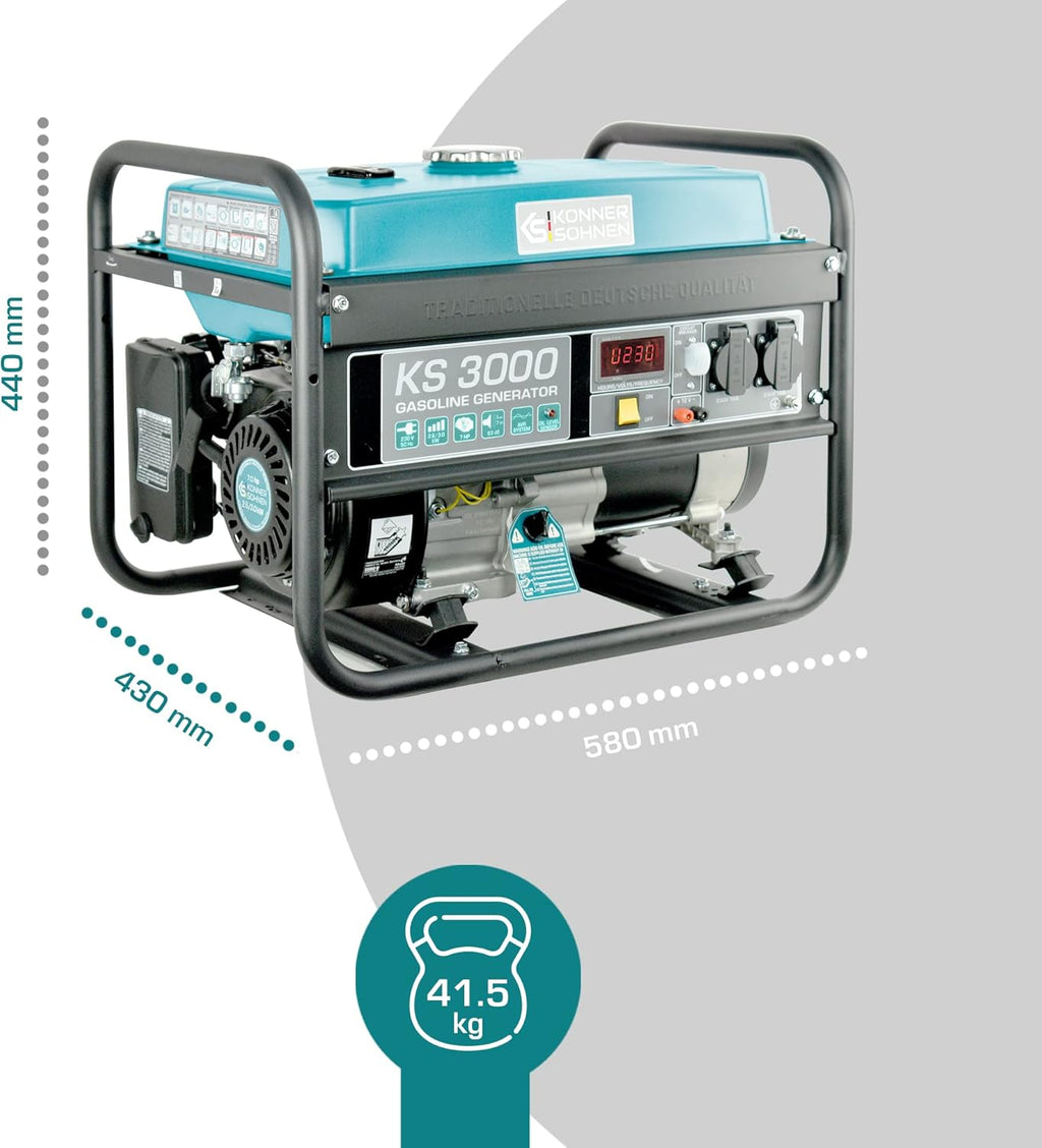 Groupe électrogène à essence KS 3000 puissance max 3000 W, prises Schuko 2x16A (230 V), EURO-V, régulateur de tension automatique (AVR),moteur électrique enroulement 100% cuivre,generateur de courant
