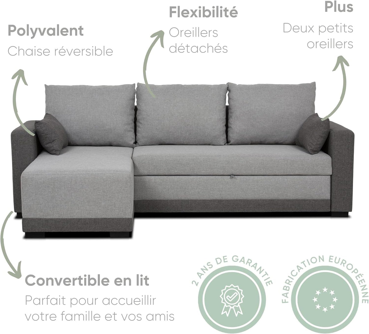 BUDWING Leah, Canapé-lit d’Angle Gris Bicolore - 4 Places - Chaise Longue Réversible, 2 Coussins Décoratifs - Tissu en Polyester - Style Moderne - 233 cm (Largeur) x 124 cm (Profondeur) x 69 cm