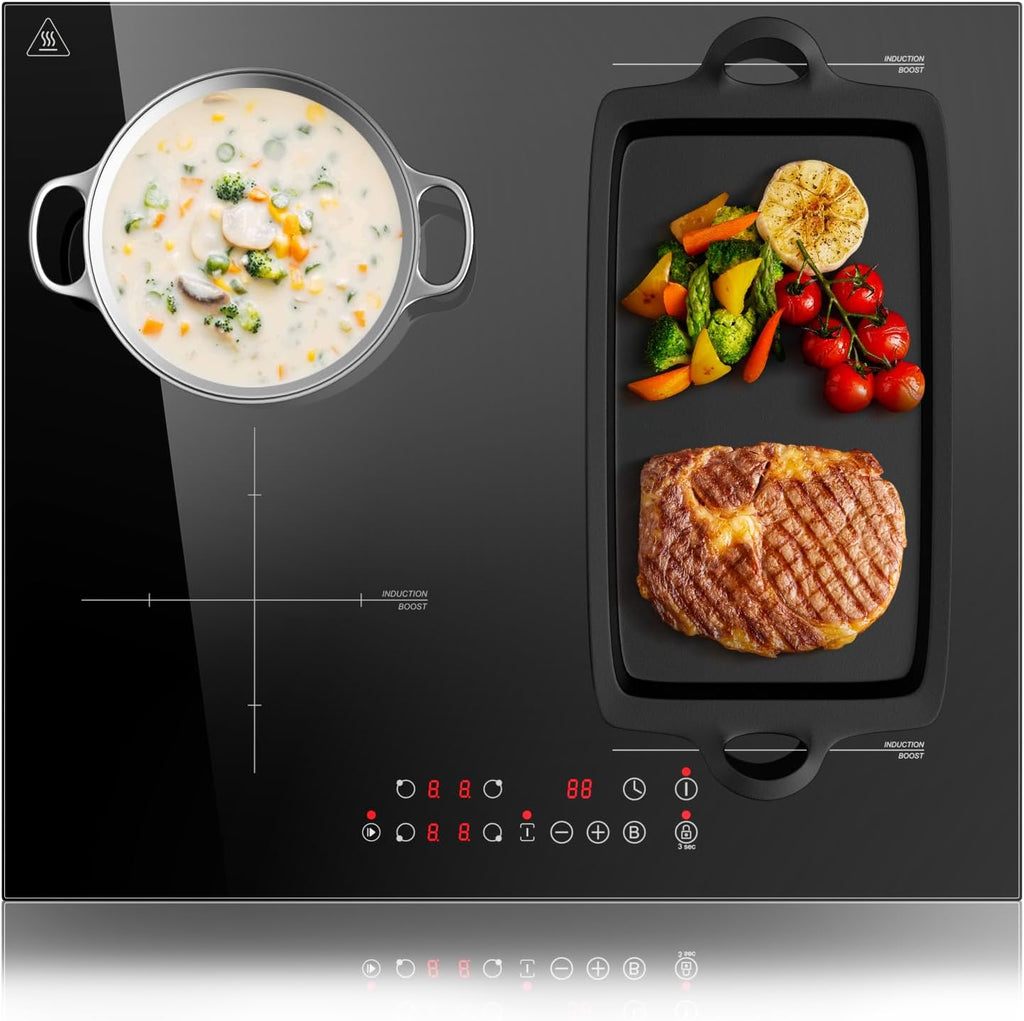 KICHPOWER Plaque Induction 4 Feux, 1 Zone Flexible, Plaque Induction 60cm Encastrable, Plaque de Cuisson électrique, Boost Fonction, Commande Tactile, 6000W, 9 Niveaux de puissance, Minuterie 1-99 Min