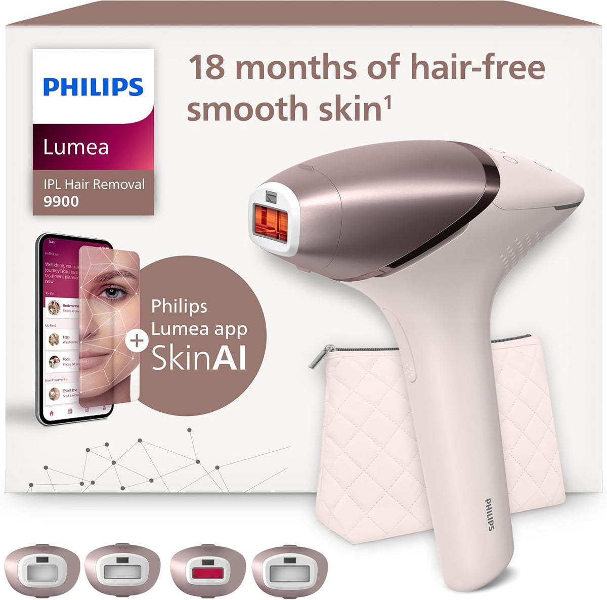 Philips Lumea Série 9900, épilateur à lumière pulsée, technologie SenseIQ et SkinAI, 4 embouts pour le corps, le visage, le maillot et les aisselles, utilisation avec et sans fil (modèle BRI951/00)