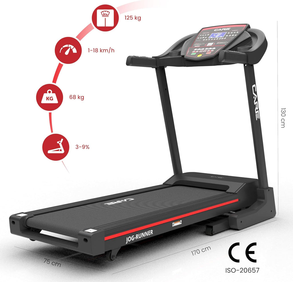 CARE FITNESS - Tapis de Course Connecté Jog Runner - Tapis de Marche électrique Inclinable et Pliable - Jusqu'à 18km/h - 18 Niveaux d'Inclinaison - 25 Programmes
