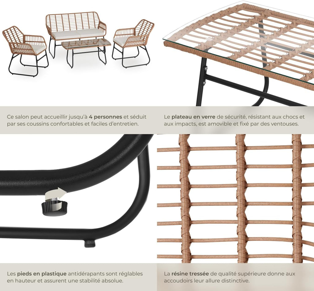 TecTake? Salon de Jardin Extérieur en Poly Rotin 4 Personnes Ensemble Canapé 2 Places 2 Fauteuil Salon et Table de Jardin, Coussins Amovibles Inclus, Amenagement Balcon Terrasse Veranda