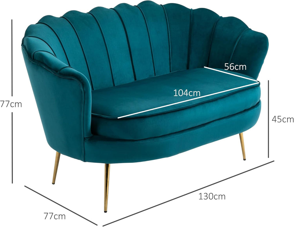 HOMCOM Canapé 2 Places en Tissu Velours, Petit canapé, en Forme de Coquillage, avec Coussin épais de 10 cm, canapé, Structure en métal, Pieds dorés effilés, Facile à Assembler, Bleu Canard