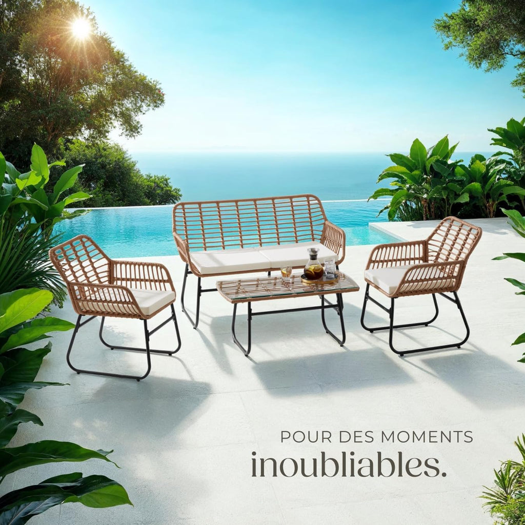 TecTake? Salon de Jardin Extérieur en Poly Rotin 4 Personnes Ensemble Canapé 2 Places 2 Fauteuil Salon et Table de Jardin, Coussins Amovibles Inclus, Amenagement Balcon Terrasse Veranda