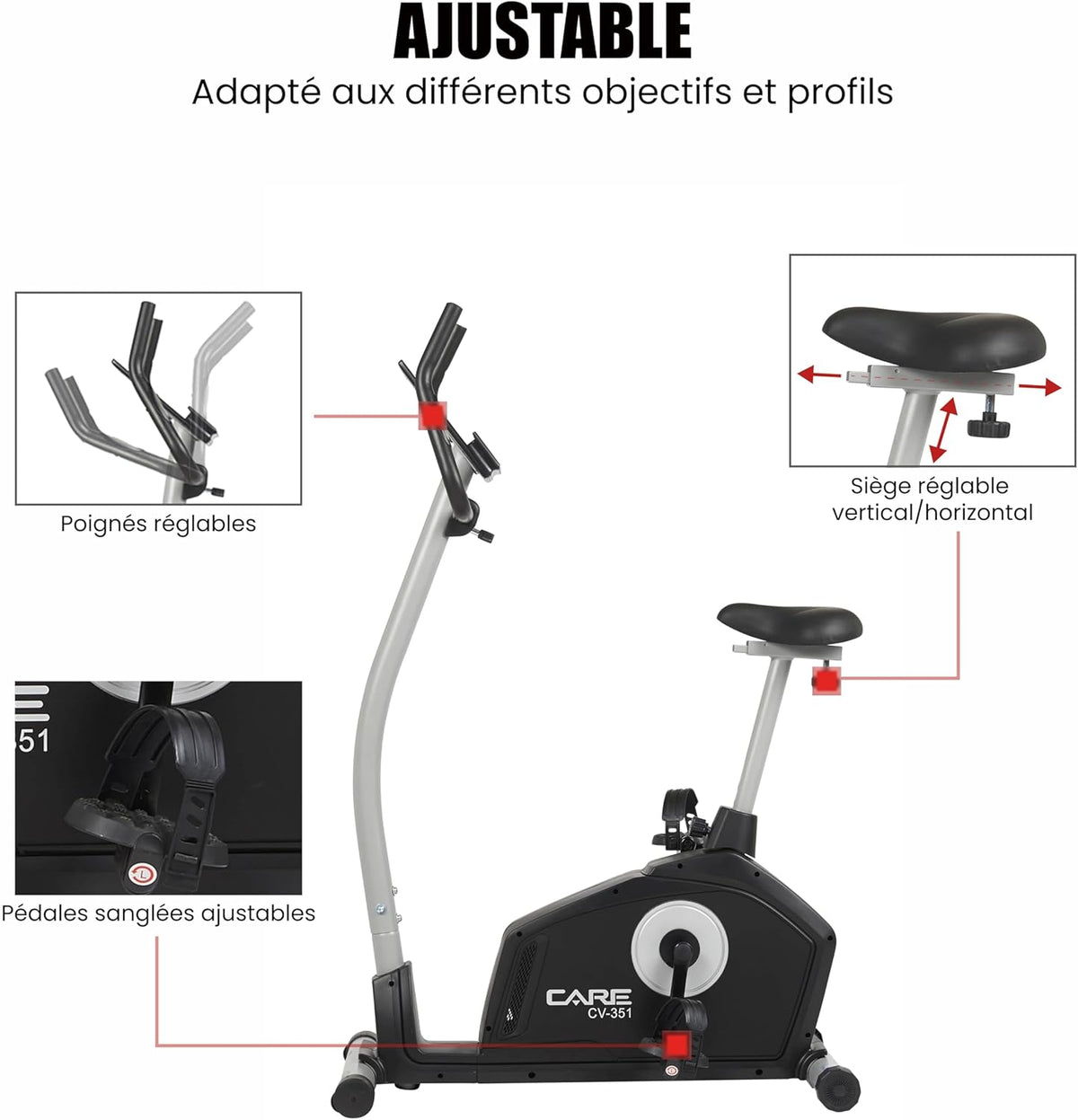 CARE FITNESS - Vélo d’Appartement Motorisé CV-351 – Masse d'Inertie 10kg - Résistance Magnétique à 16 Niveaux - 7 Programmes d'Entra?nement - Selle Ajustable - Connectivité Application Kinomap