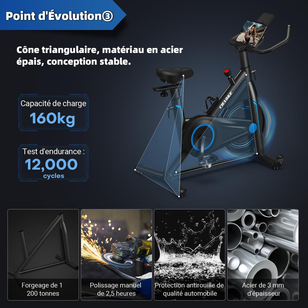 CHAOKE Velo d Appartement Silencieux avec Résistance Magnétique Réglable, Vélo d'appartement avec APP, Vélo d'exercice Moniteur LCD, Siège Confortable, Pour Entra?nement Cardio, Capacité 160KG