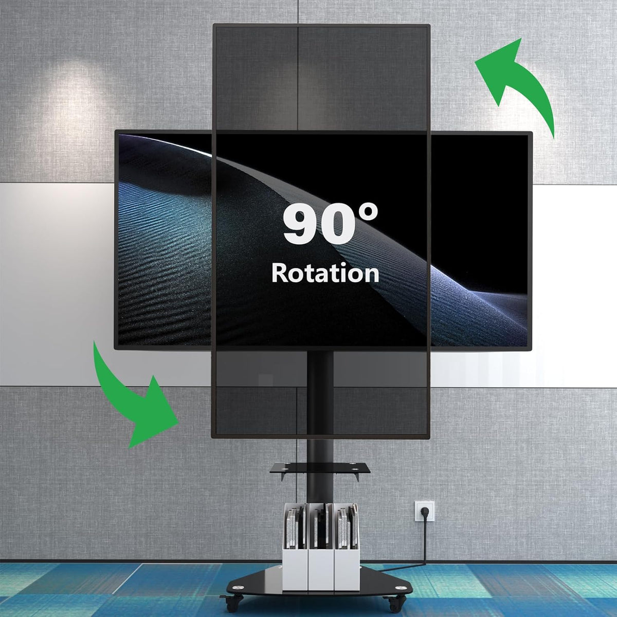 XTRARM Proton 300 Support TV en aluminium sur roulettes avec étagère, pour téléviseurs de 32 à 75" jusqu'à 40 kg, avec multiprise USB, rotatif à 90 °/209 cm, réglable en hauteur, Vesa 600 x 400, noir