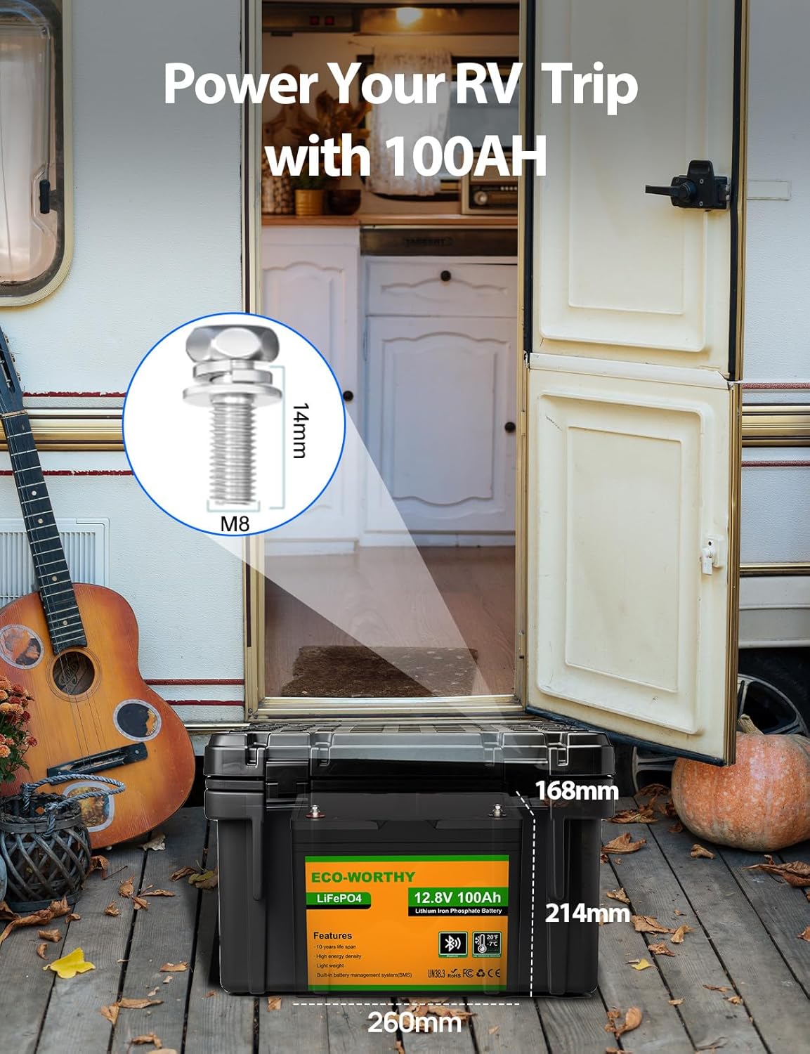 ECO-WORTHY Bluetooth Batterie Lithium 12V 100AH, Batterie LiFePO4 avec Protection à Basse Température, BMS Intelligent, 1280Wh énergie, pour caravanes, camping-car, système solaire,pêche à la ligne