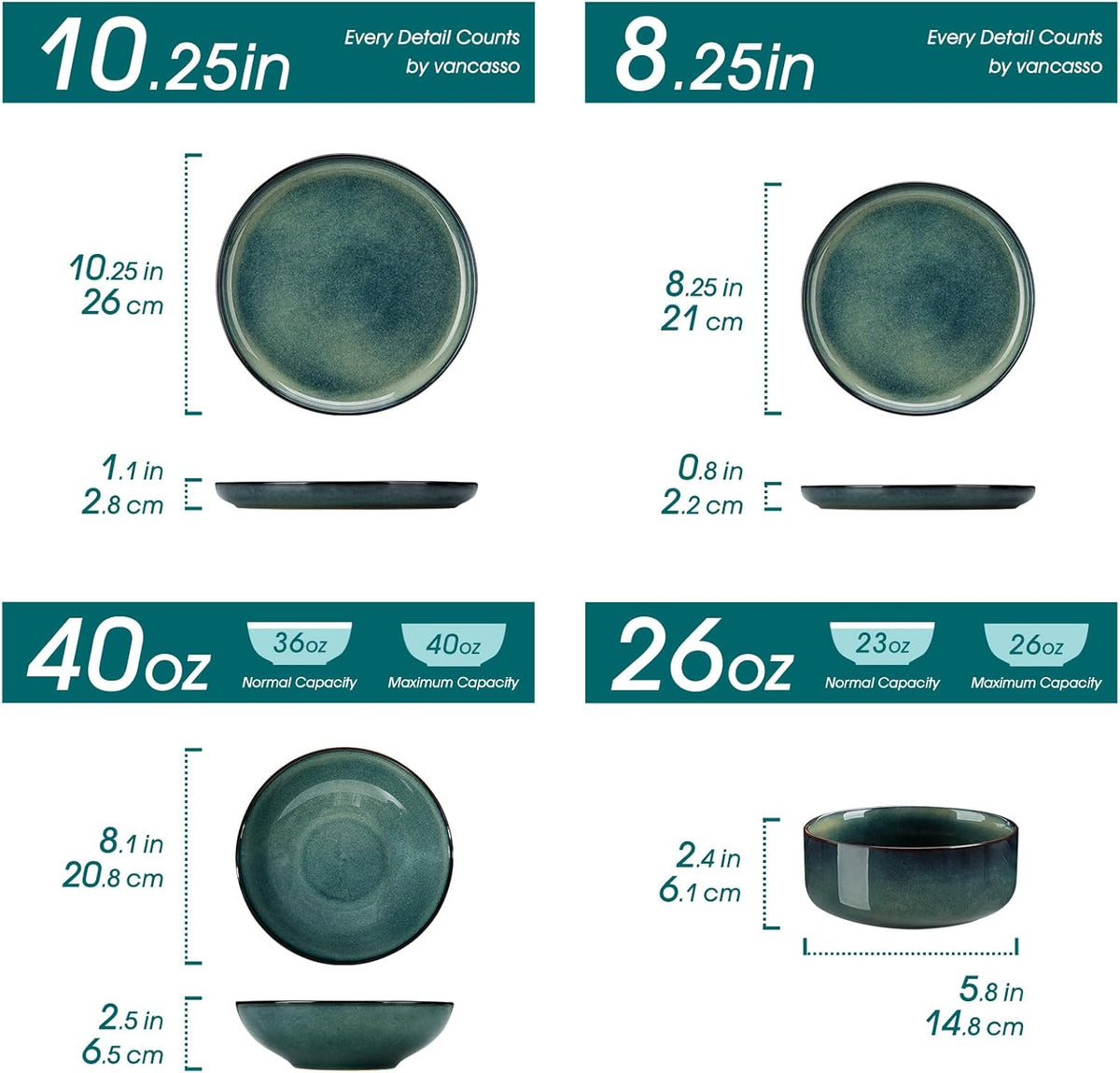 vancasso Série STARRY Service de Table 24 Pièces en Grès, Service Vaisselle 6 Personnes, avec 6 Assiettes Plates, 6 Assiettes à Dessert, 6 Assiettes Creuses, 6 Bols à Céréales, Vert à émail Réactif