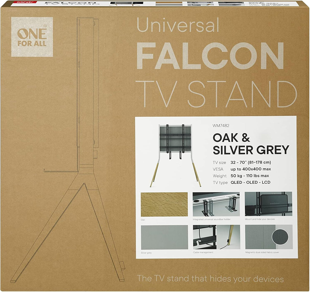 Support TV universel Falcon de One For All – écran de 32 à 70 pouces – Tous types de téléviseurs – VESA 400 x 400 – Dispositif de fixation pour barre de son intégré – Design élégant – WM7842