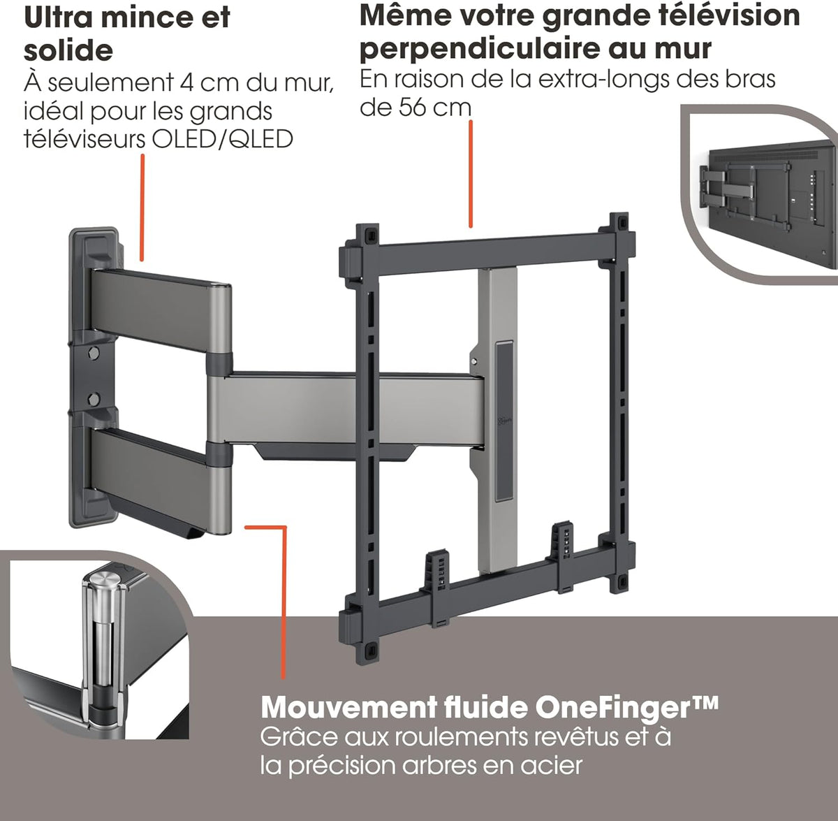 Vogel's Elite 5445 Support Mural TV pivotant et Ultra-Mince pour téléviseurs de 32 à 65 Pouces, Max. 35 kg, Pivote jusqu'à 180°, Support TV orientable Max. VESA 400x400, Universellement Compatible
