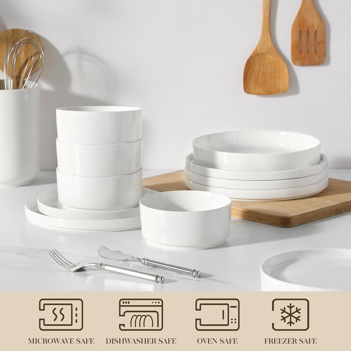 MALACASA, Série LEAH, Service de Table 24 Pièces en Porcelaine pour 6 Personnes | avec 6 Assiettes Plates, 6 Assiettes à Dessert, 6 Bols à Céréales et 6 Bols à Pate | Passe au Lave-vaisselle | Blanc