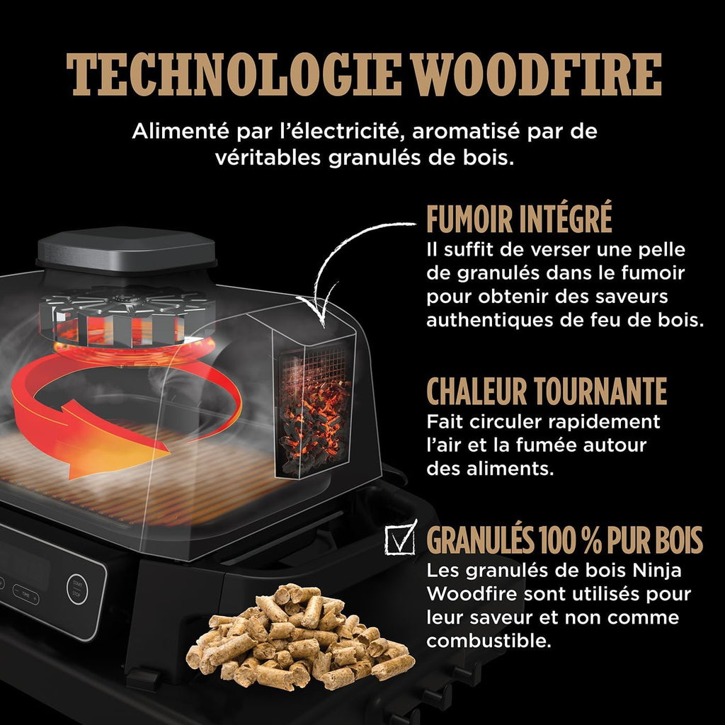 Ninja Woodfire barbecue électrique, grill, fumoir & air fryer, barbecue extérieur 7 en 1, grill, air fryer, fumer, r?tir, four, résistant aux intempéries, antiadhésif, portatif, gris/noir OG701EU