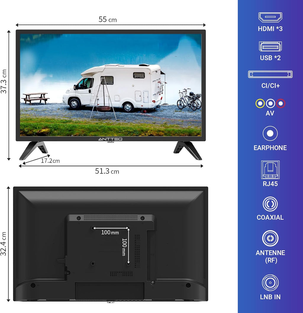 Antteq G24 Smart TV 24 Pouces (60 cm)  Television 220/12V  Bluetooth compatibilité avec Google Assistant  Triple Tuner (DVB-S2/T2/C)  WiFi  Bluetooth  HDMI  USB  Miroir d’écran  Idéal Camping
