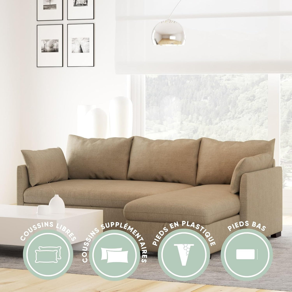 BUDWING Orlando Canapé Convertible d'angle Lit Chaise Longue Coffre Réversible Droite et Gauche Beige