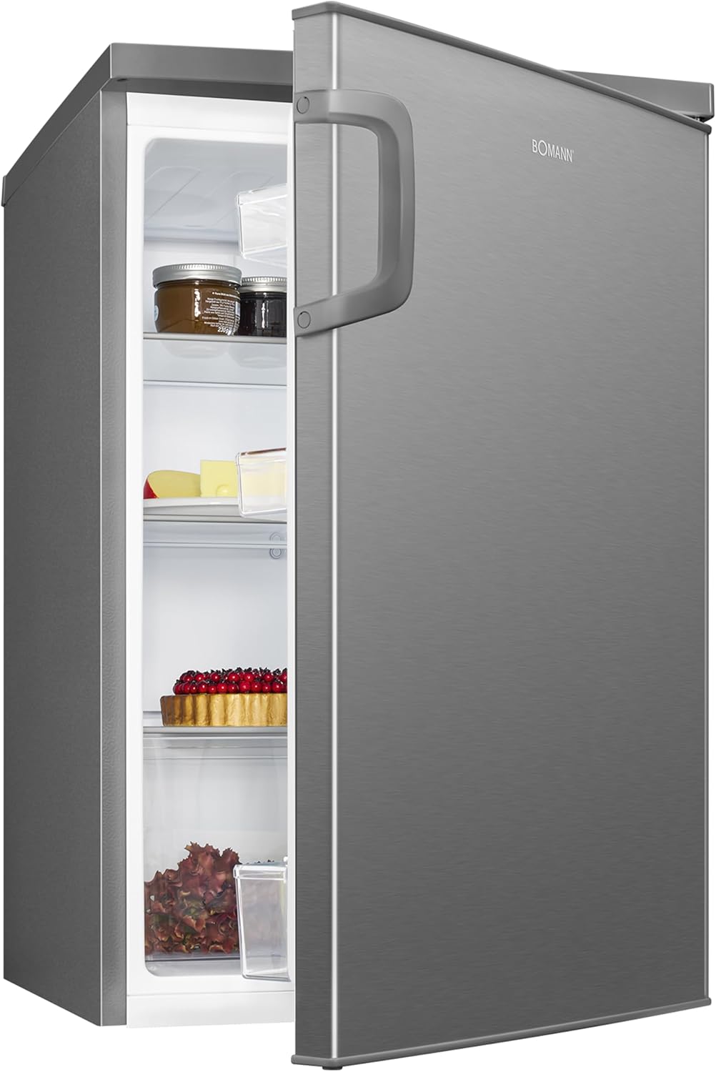 Bomann Réfrigérateur 133L inox VS2195-1-inox, Capacité nette : 133 litres, éclairage intérieur à DEL, Contr?le de la température en continu, 3 clayettes en verre