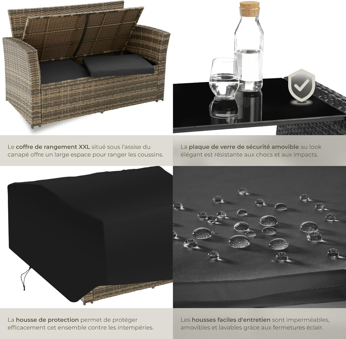 TecTake? Ensemble Salon de Jardin Exterieur en Poly Rotin 1 Banquette Exterieur 2 Fauteuil 2 Tabouret et 1 Table de Jardin, Mobilier de Jardin pour Amenagement Balcon - Marron Naturel