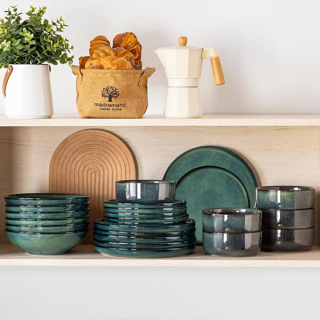 vancasso Série STARRY Service de Table 24 Pièces en Grès, Service Vaisselle 6 Personnes, avec 6 Assiettes Plates, 6 Assiettes à Dessert, 6 Assiettes Creuses, 6 Bols à Céréales, Vert à émail Réactif
