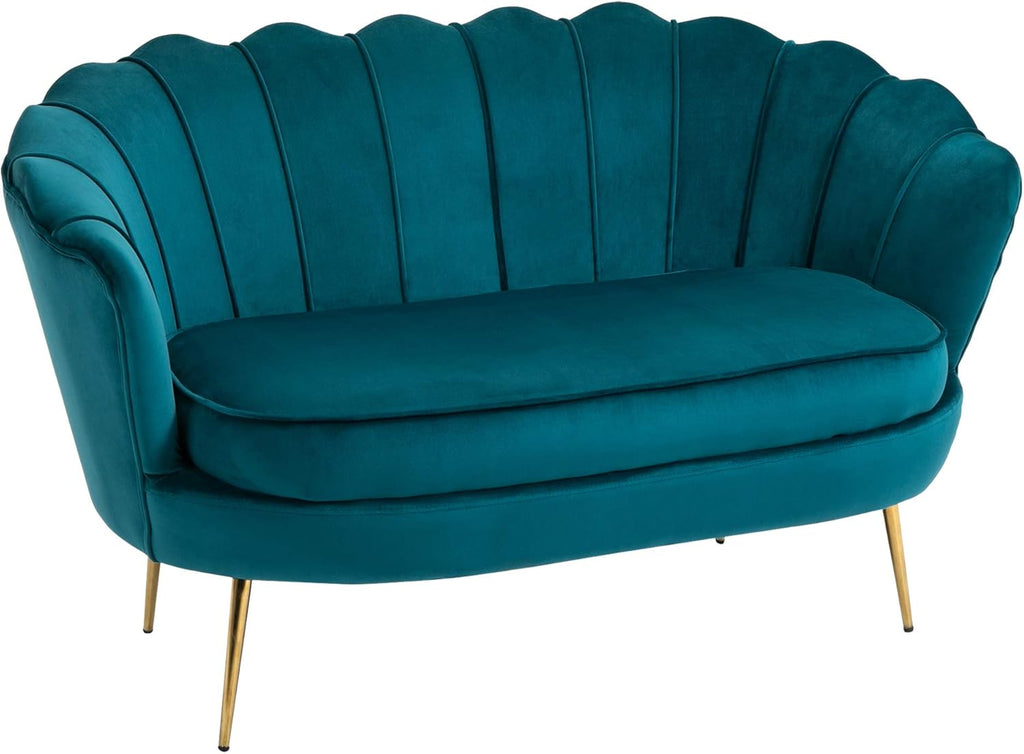 HOMCOM Canapé 2 Places en Tissu Velours, Petit canapé, en Forme de Coquillage, avec Coussin épais de 10 cm, canapé, Structure en métal, Pieds dorés effilés, Facile à Assembler, Bleu Canard