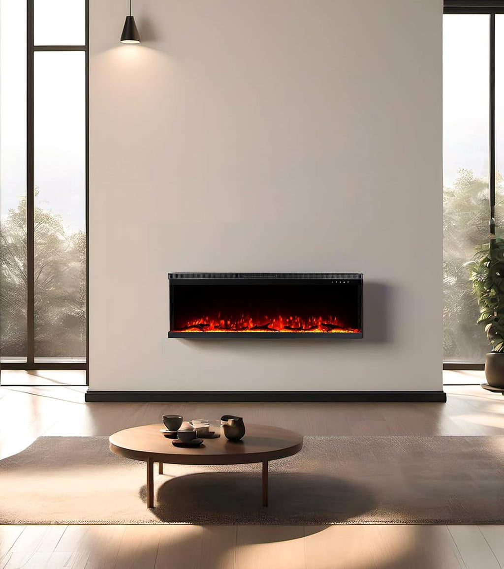 M.C.Haus Cheminée Electrique de Luxe à 3 Faces avec 3 Possibilités D'installation, Cheminée Encastrée dans Un Mur Multimédia, Effet de Flamme Electrique avec 9 Couleurs, 1800W, 127cm/50inch, Noir