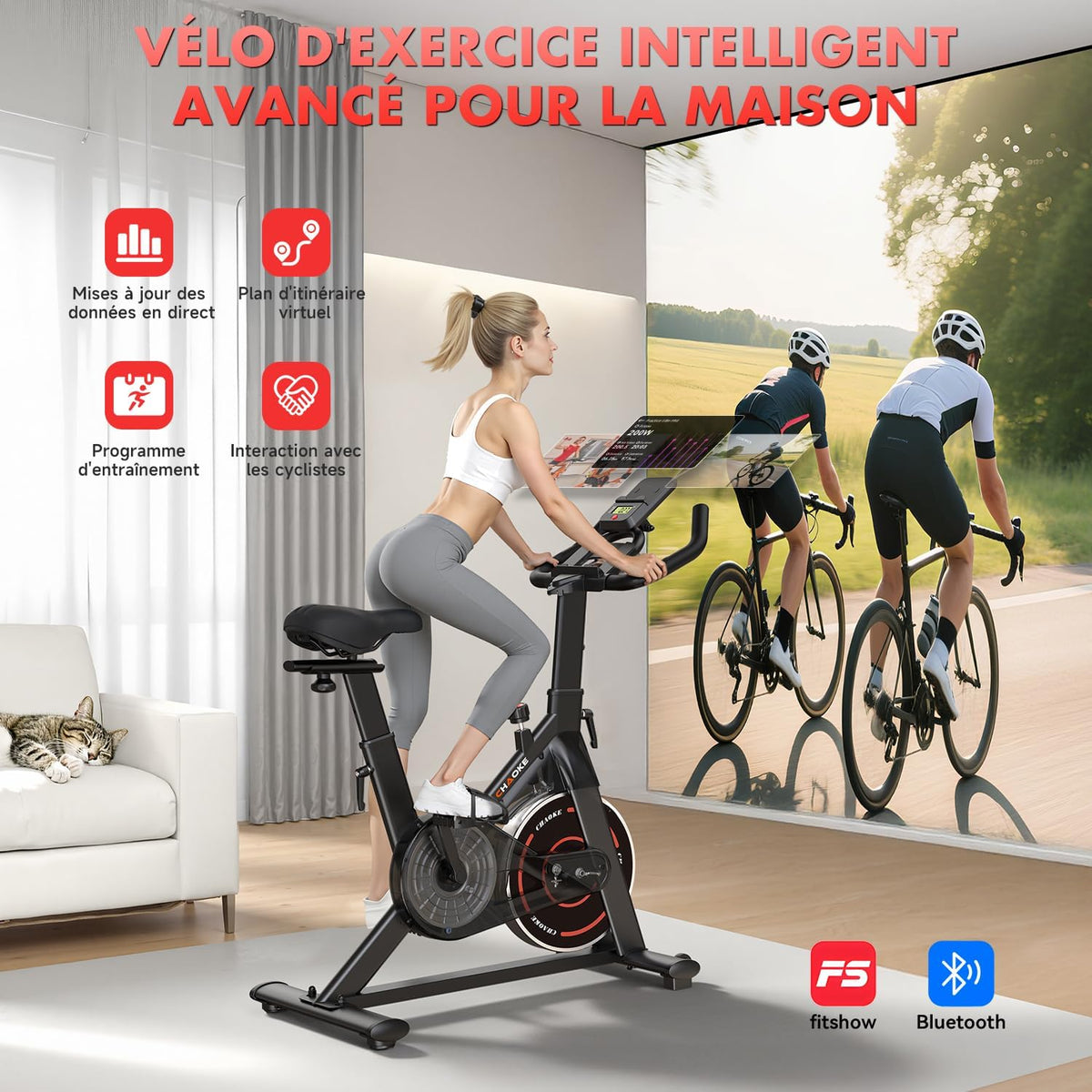 Velo d Appartement, CHAOKE Vélo d'appartement Silencieux avec Résistance Magnétique Réglable, Vélo d'exercice d'intérieur avec App et écran LCD, Pour Entra?nement Cardio, Capacité 150KG