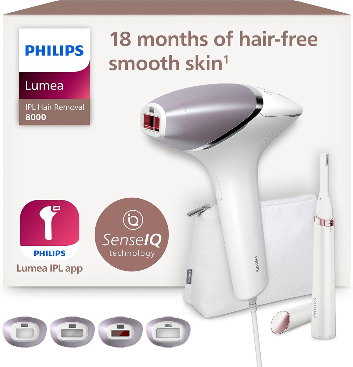Philips Lumea série 8000, épilateur à lumière pulsée, alternative à l'épilation , technologie SenseIQ, 4 accessoires pour corps, visage, maillot, aisselles, tondeuse-stylo compact, BRI949/00
