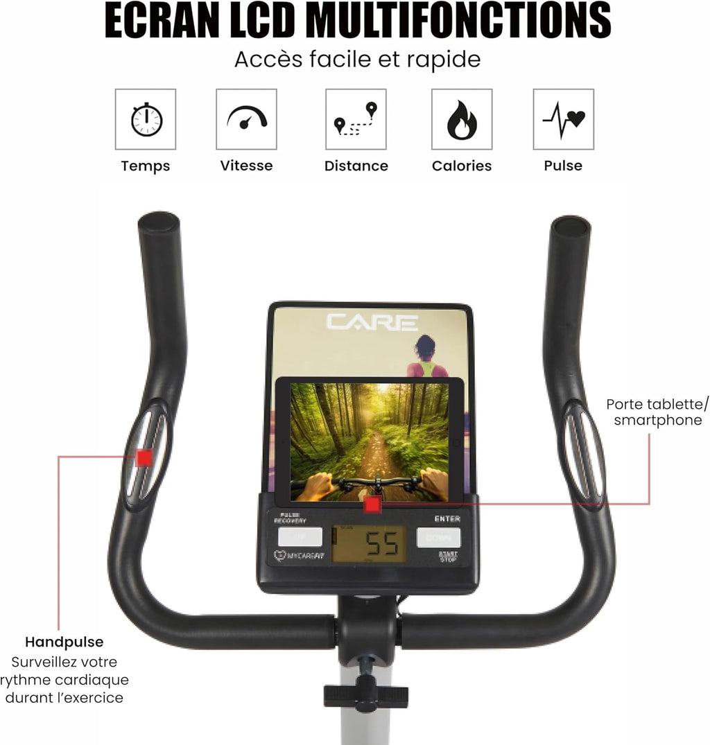 CARE FITNESS - Vélo d’Appartement Motorisé CV-351 – Masse d'Inertie 10kg - Résistance Magnétique à 16 Niveaux - 7 Programmes d'Entra?nement - Selle Ajustable - Connectivité Application Kinomap