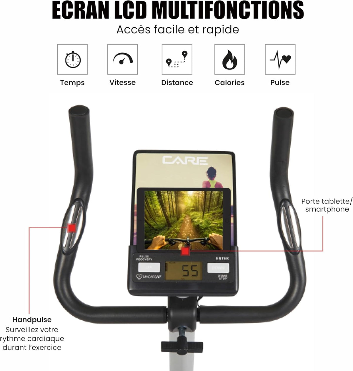 CARE FITNESS - Vélo d’Appartement Motorisé CV-351 – Masse d'Inertie 10kg - Résistance Magnétique à 16 Niveaux - 7 Programmes d'Entra?nement - Selle Ajustable - Connectivité Application Kinomap