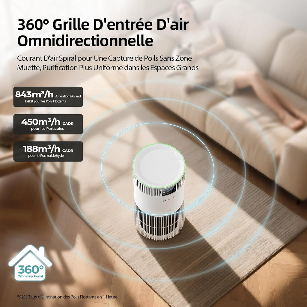 Amicura P2 Purificateur d'air Hepa pour Animaux et Personnes Allergiques, 843 m3/h CADR Contre les Poils d'animaux, Filtre Hospitalier H13 Hepa, 450 m3/h de Particules, Contr?le par App