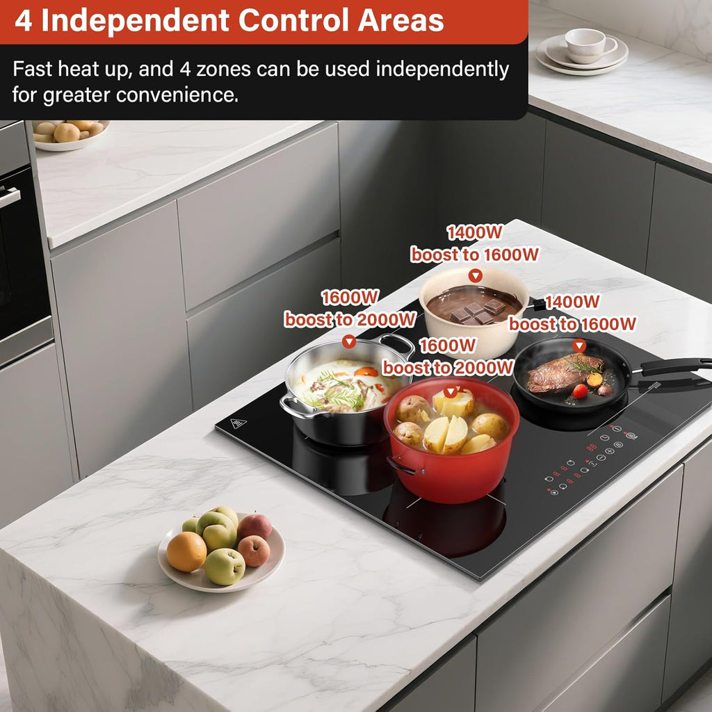 KICHPOWER Plaque Induction 4 Feux, 1 Zone Flexible, Plaque Induction 60cm Encastrable, Plaque de Cuisson électrique, Boost Fonction, Commande Tactile, 6000W, 9 Niveaux de puissance, Minuterie 1-99 Min