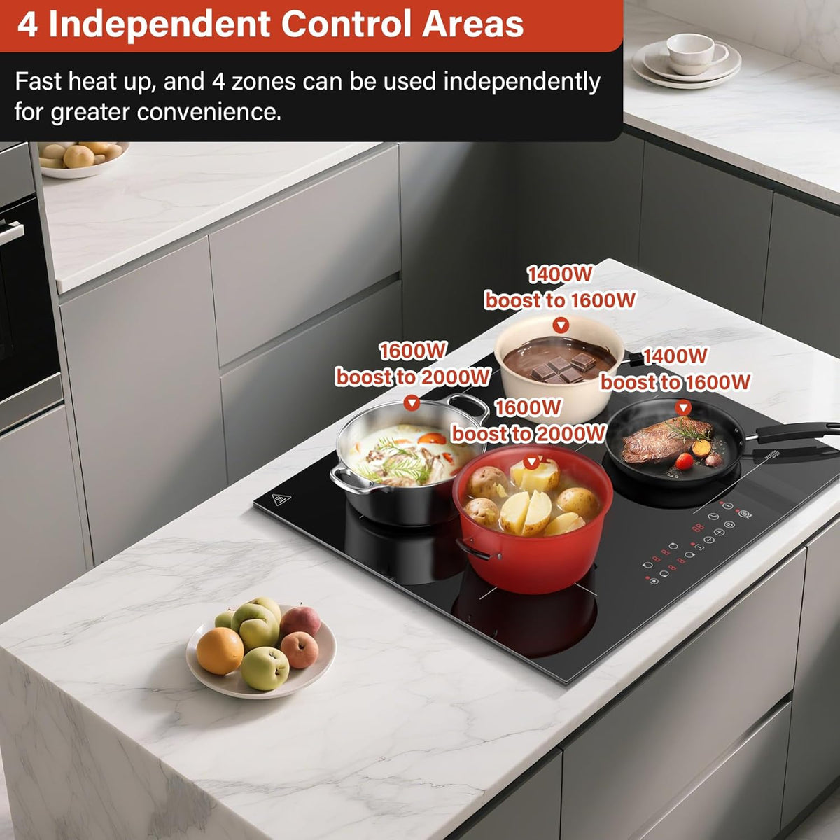 KICHPOWER Plaque Induction 4 Feux, 1 Zone Flexible, Plaque Induction 60cm Encastrable, Plaque de Cuisson électrique, Boost Fonction, Commande Tactile, 6000W, 9 Niveaux de puissance, Minuterie 1-99 Min