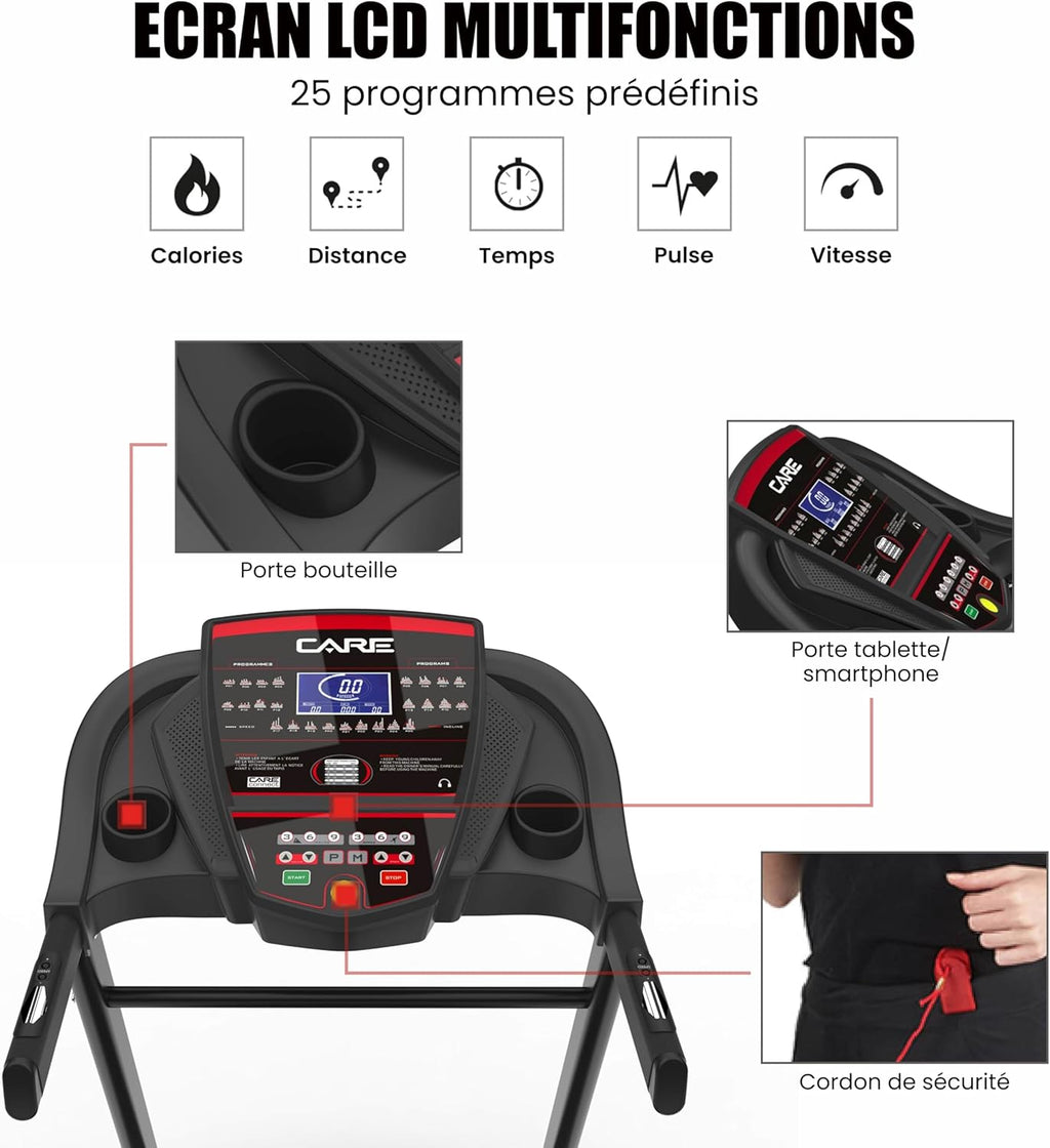 CARE FITNESS - Tapis de Course Connecté Jog Runner - Tapis de Marche électrique Inclinable et Pliable - Jusqu'à 18km/h - 18 Niveaux d'Inclinaison - 25 Programmes