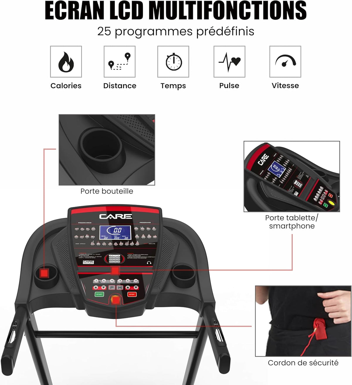 CARE FITNESS - Tapis de Course Connecté Jog Runner - Tapis de Marche électrique Inclinable et Pliable - Jusqu'à 18km/h - 18 Niveaux d'Inclinaison - 25 Programmes