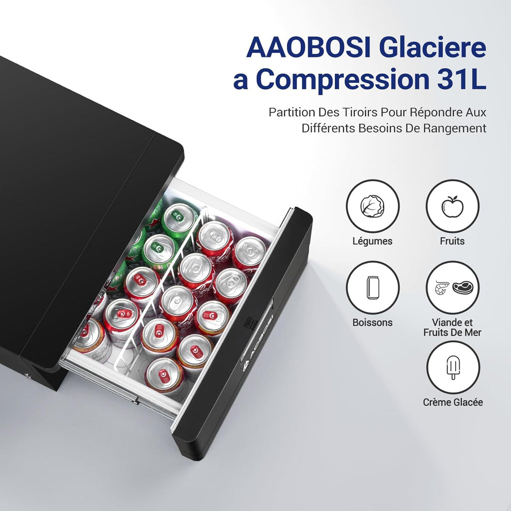 AAOBOSI 31L Tiroir Glaciere Electrique, Glaciere a Compression avec APP, Glaciere Caravane 12V/24V, -20℃ à 20℃ Glacière électrique pour Voiture, Camion, Bateau, Camping-Car