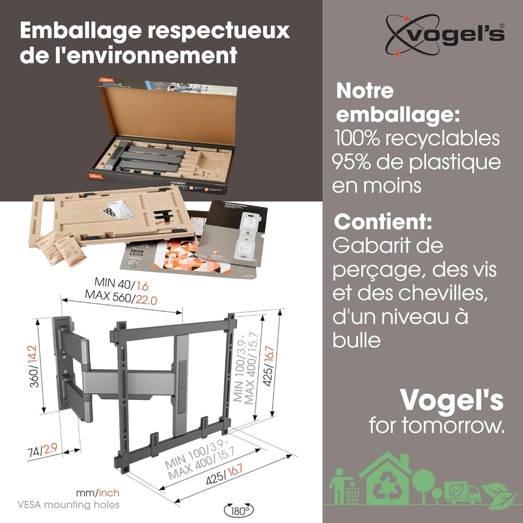 Vogel's Elite 5445 Support Mural TV pivotant et Ultra-Mince pour téléviseurs de 32 à 65 Pouces, Max. 35 kg, Pivote jusqu'à 180°, Support TV orientable Max. VESA 400x400, Universellement Compatible
