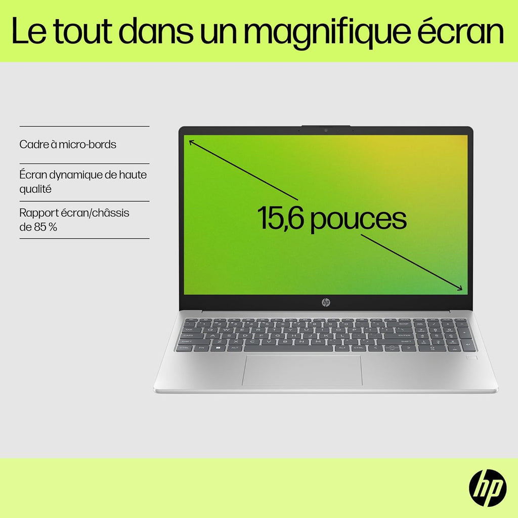 HP 15-fd0004sf Ordinateur Portable 15 6" FHD  PC Portable (Intel Core i3-N305  RAM 8 Go  SSD 512 Go  Intel UHD Graphics  Windows 11)  Laptop Argent  Clavier AZERTY