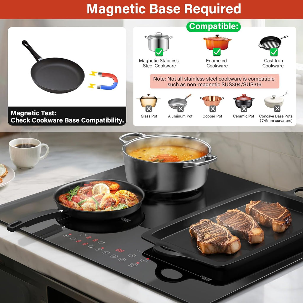 KICHPOWER Plaque Induction 4 Feux, 1 Zone Flexible, Plaque Induction 60cm Encastrable, Plaque de Cuisson électrique, Boost Fonction, Commande Tactile, 6000W, 9 Niveaux de puissance, Minuterie 1-99 Min