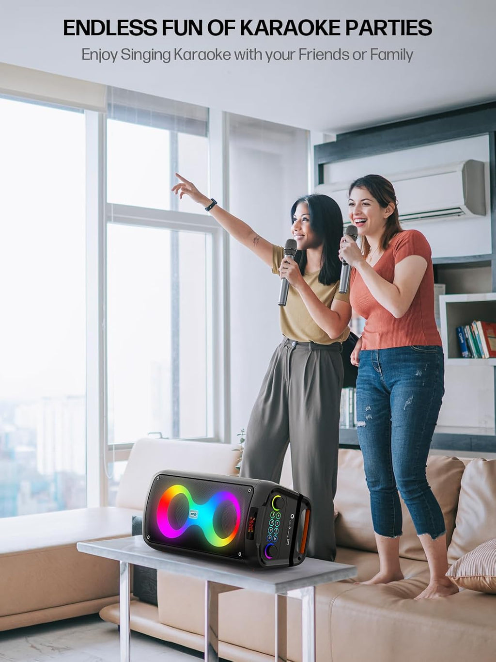 Machine à karaoké pour adultes, haut-parleur Bluetooth portable avec 2 microphones sans fil, système de sonorisation avec lumières disco pour grandes fêtes, extérieur, prend en charge USB/TF/REC/FM
