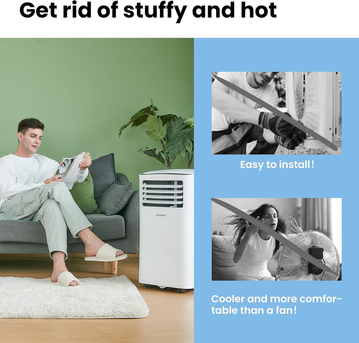 COMFEE' Climatiseur Mobile 9000 BTU/h 2,6kW, 3-EN-1 Refroidisseur Déshumidificateur Ventilateur, Fonction Follow me, Minuterie, Mode nuit, Pour salon et maison de 33㎡/88m3, MPPH-09CRN7, R290