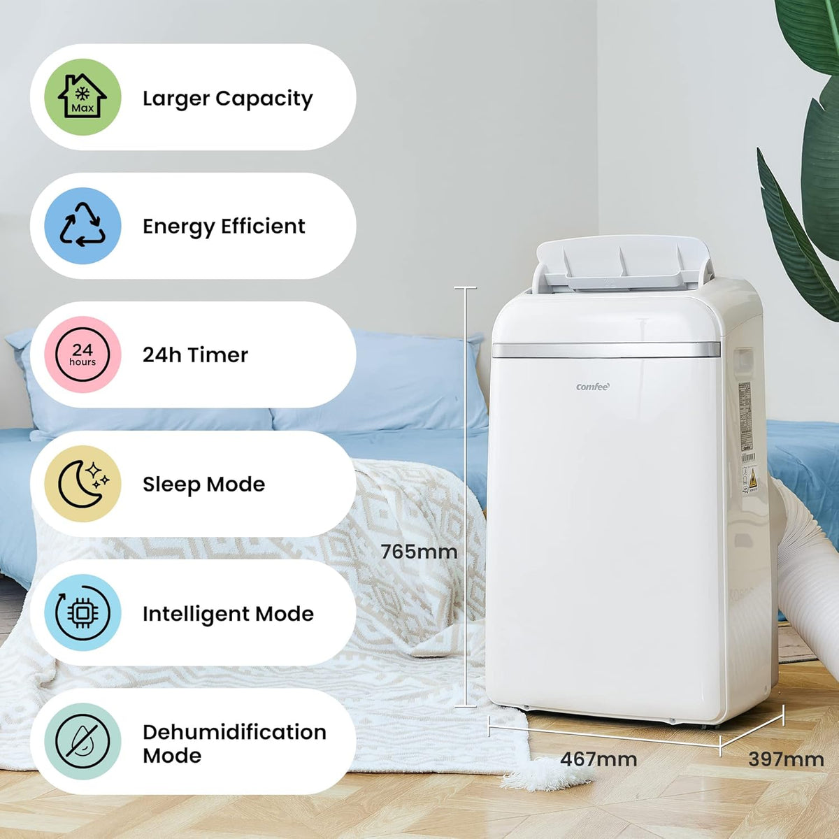 COMFEE' Climatiseur Mobile 12000 BTU/H 3,5 kW, 3 Modes, Fonction Follow Me, Télécommande, pour grandes pièces de 43㎡/117m3, Kit d'évacution inclus, Réfrigérant naturel, PAC 12000