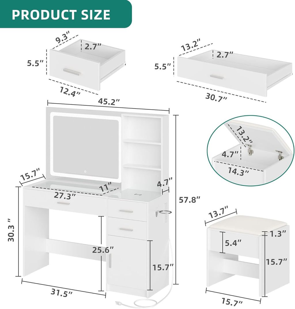 YITAHOME Coiffeuse avec Miroir LED à Luminosité Réglable, Table de Maquillage avec 3 Tiroirs et 2 étagères de Rangement Armoire Rangement Coiffeuse avec Tabouret Prise Commode Blanche