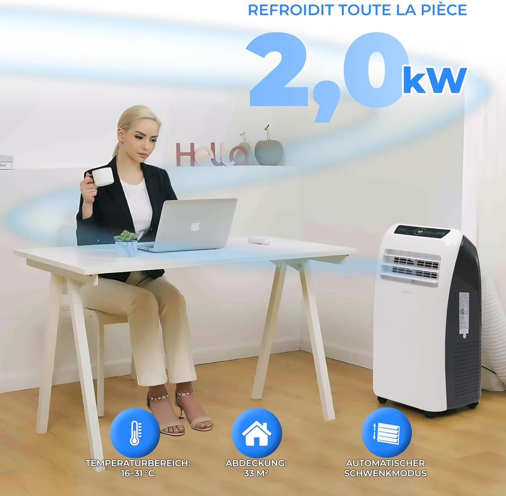 SereneLife Climatiseur Mobile Silencieux 7K BTU  Climatiseur Portable 3-en-1 avec Fonction Déshumidificateur Intégrée  Mode Ventilateur  Télécommande  Kit d'évacuation Complet pour Fenêtre Blanc